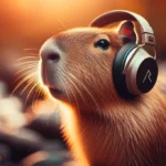 AI generated image of a Capybara looking thoughful, wearing headphones, with front feet resting on a tree stump.