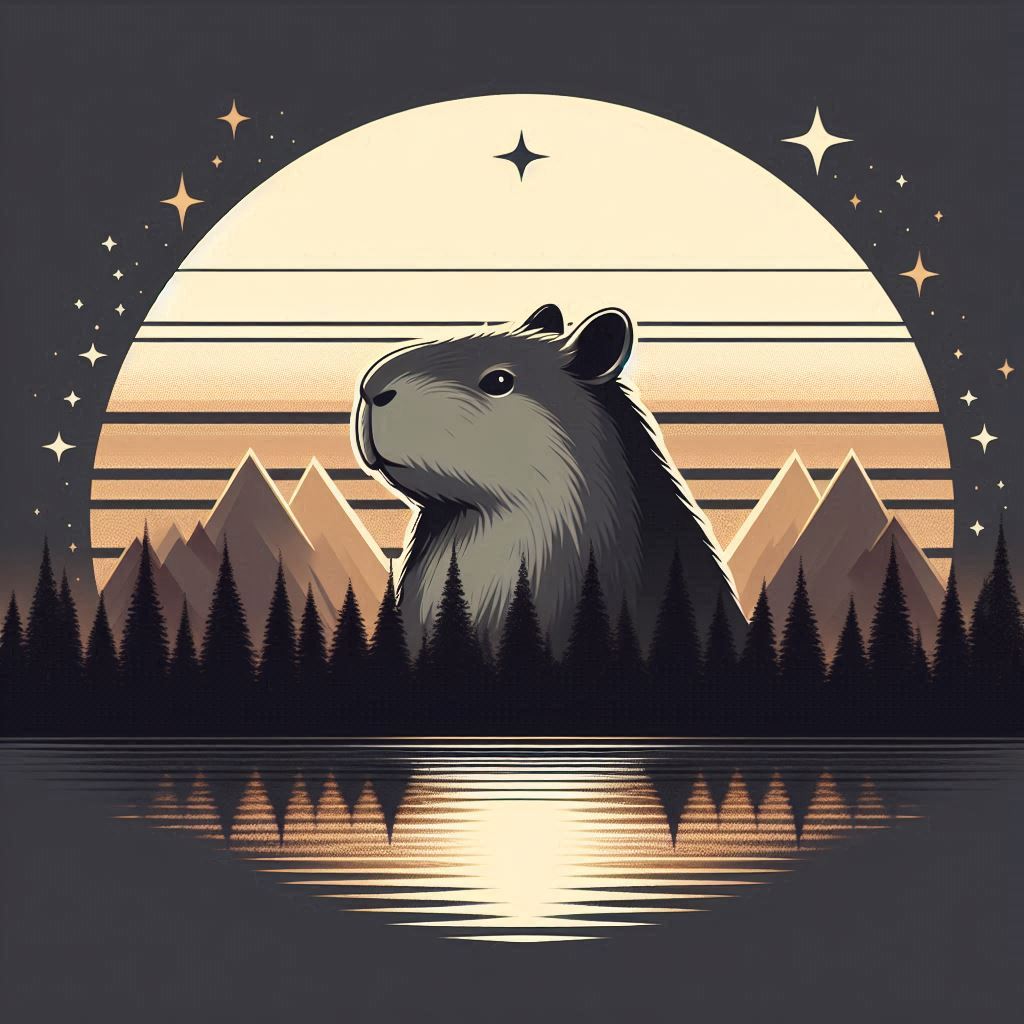 Capybara Sound logo featuring a large, stylised capybara silhouette against a moonlit sky with stars, mountains, and a forest reflected in a calm lake.