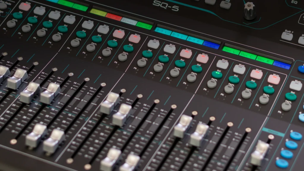 Close up photo of our Allen & Heath SQ-5 mixing console faders.