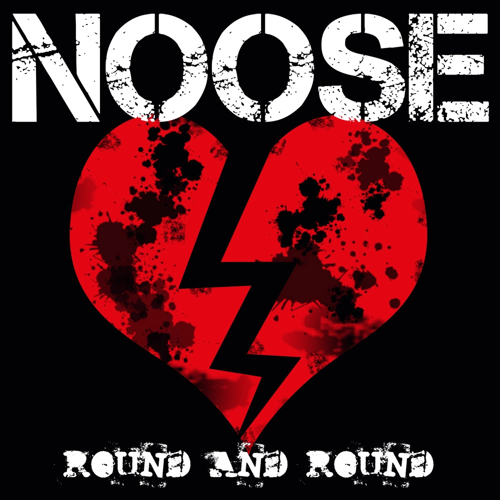 Cover art for the song Round and Round by pop punk band NOOSE - shows a large red sylised heart with a bolt of black lightning through the centre.